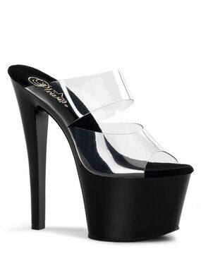 Pleaser Sky 302 Black Platform Heels with Clear Band Slip On